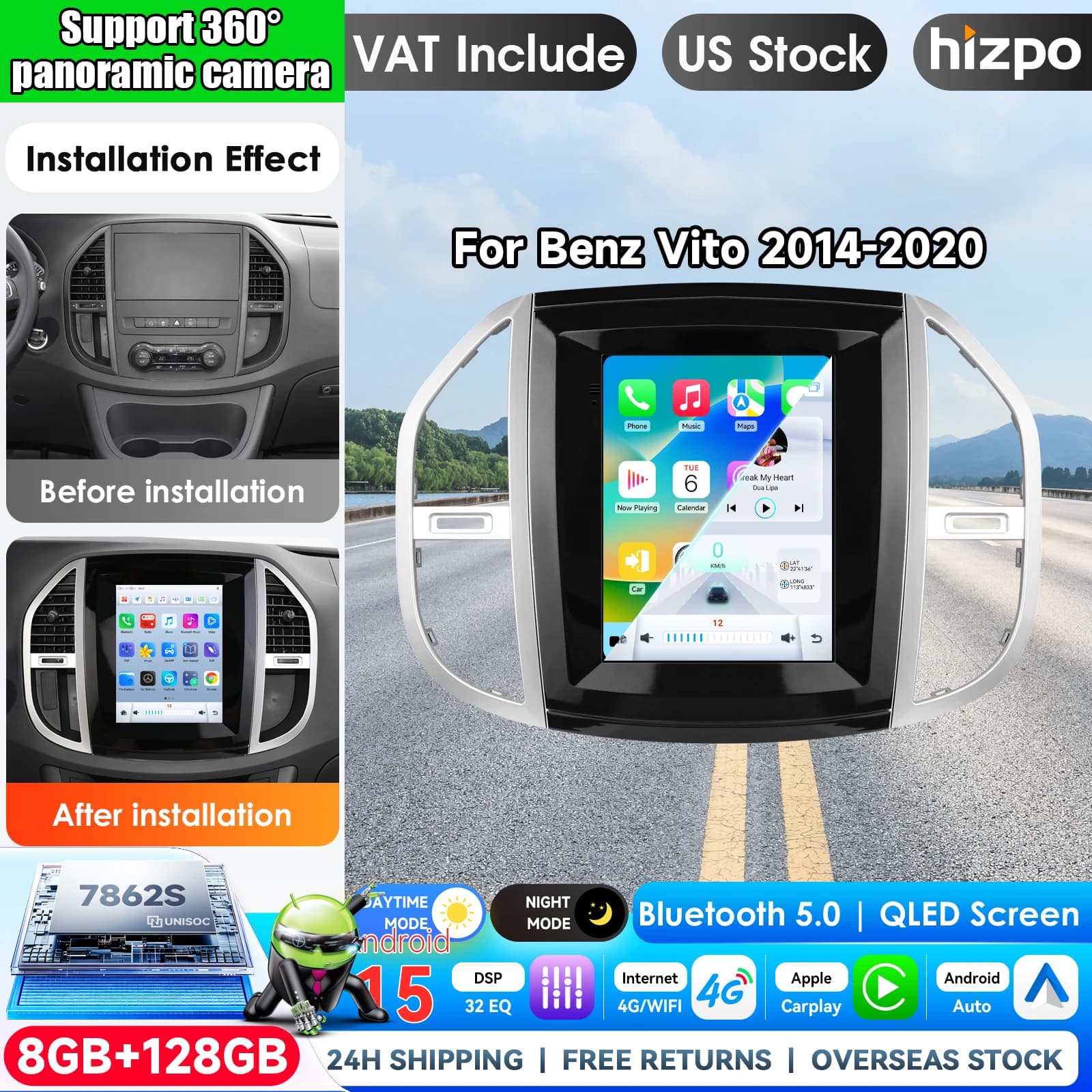 Hizpo Car Radio Stereo Head Unit 9.7 inch Vertical Screen Android Car Radio For Mercedes Benz Vito 2014 - 2022 Car Intelligent Systems for Tesla Style Carplay 4GLTE Car Multimedia Player Autoradio Video Audio Monitor Automotive Bluetooth 5G WIFI AM FM RDS