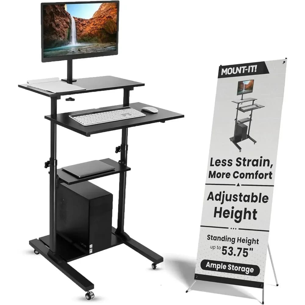 Mount-It! Laptop Cartridge with Monitor Support up to 32 Inches, Mobile Desk on Wheels, Laptop Support for Teachers