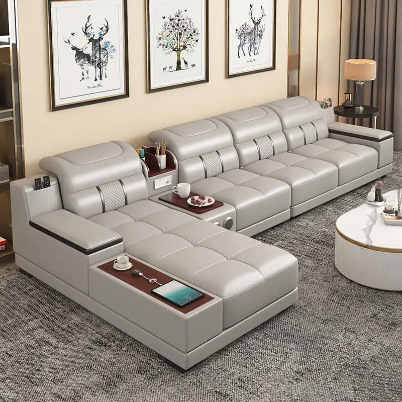 Elegant Italian sofa in real leather for living room with cup holders, USB, adjustable headrest and Bluetooth speaker - Pivot sofa