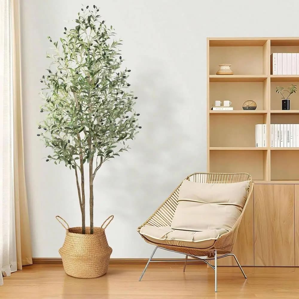 Artificial olive tree 47/48/84 inch, plant in fake silk with natural trunk for home and office decorations