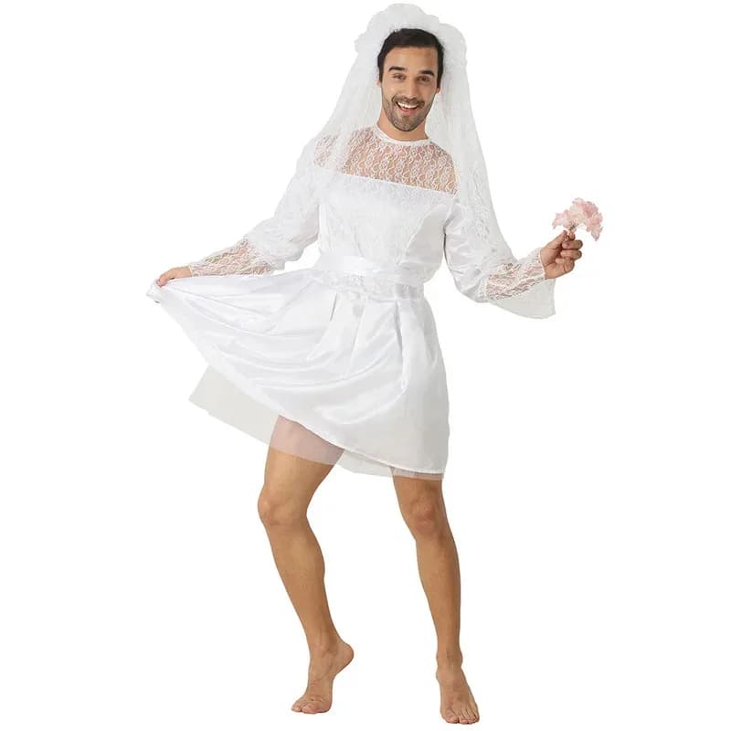 2025 Nuovo Cosplay Stag Do Gallina Notte Festa Outift Divertente Abito da sposa maschile Halloween Dress Up Mens Runaway Sposa Costume