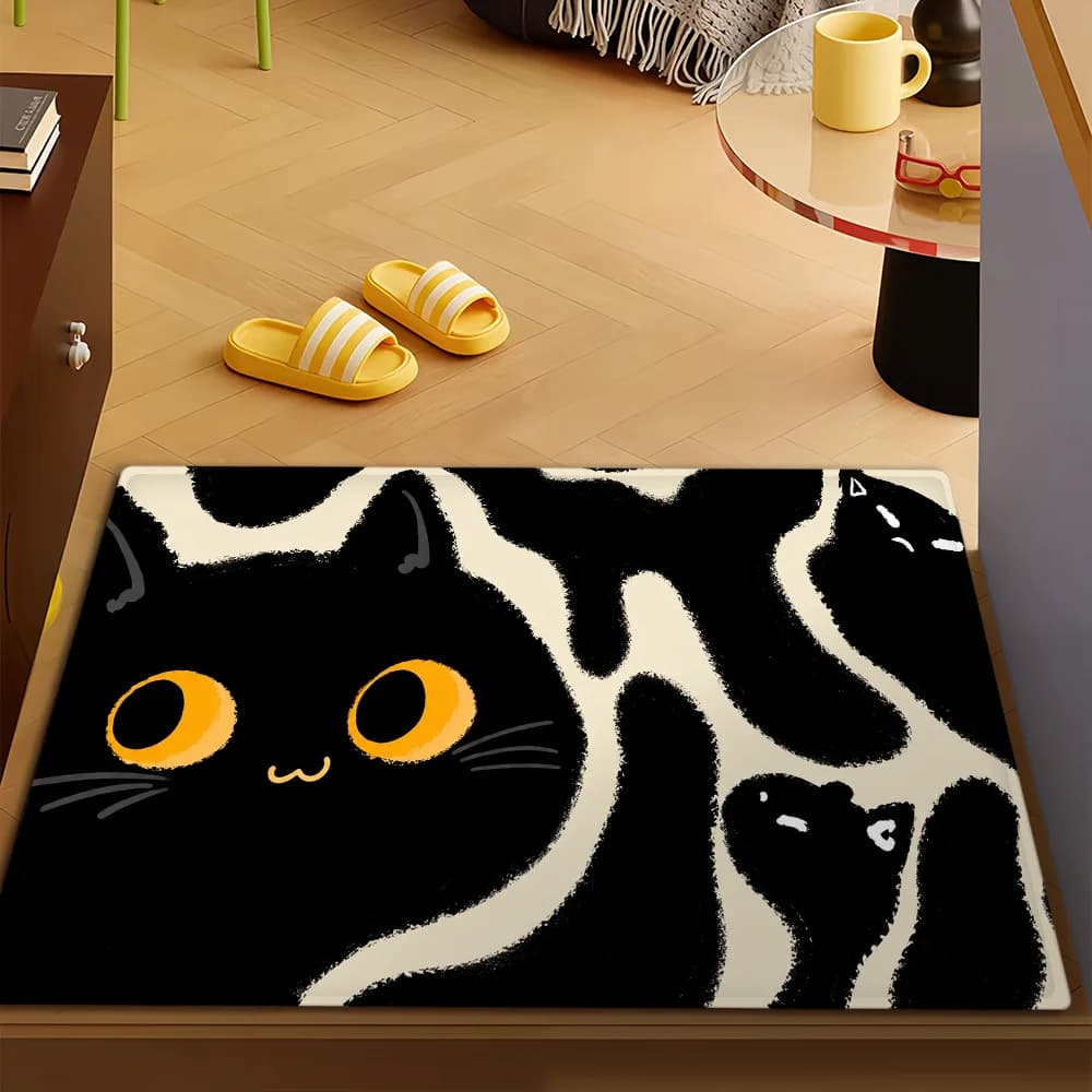Art Black Cat line cat Door Mat Bath Microfiber Decorative Versatile Flannel Floor Mat Quick Dry Absorbent Non-slip Sole
