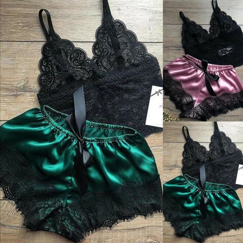 Set di 2 pezzi di lingerie da notte in pizzo da donna, top e pantaloncini, babydoll, pigiama casual, abbigliamento da notte