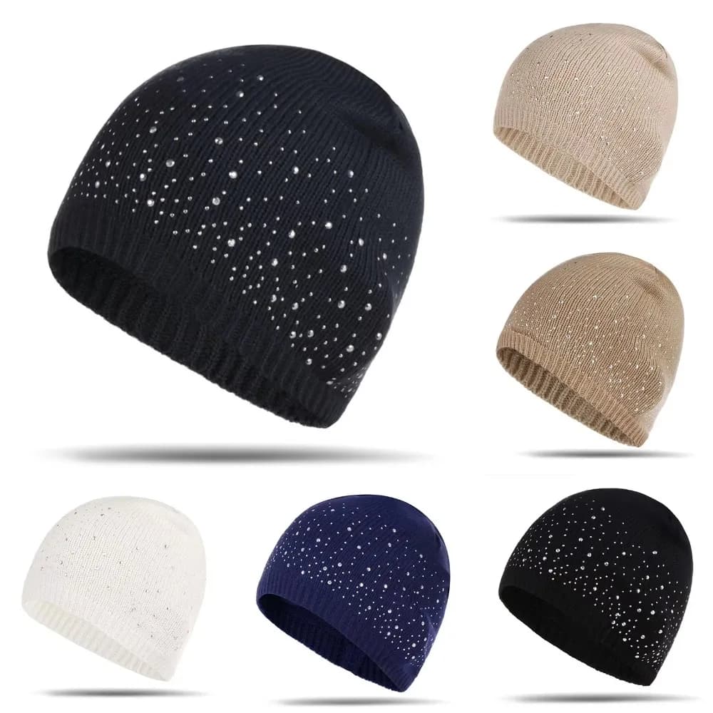 Casual Stylish & Shiny Women Knitted Cap Rhinestone Decor Cotton Knitted Hat Soft Stretchy Warm Hat Outdoor Streetwear