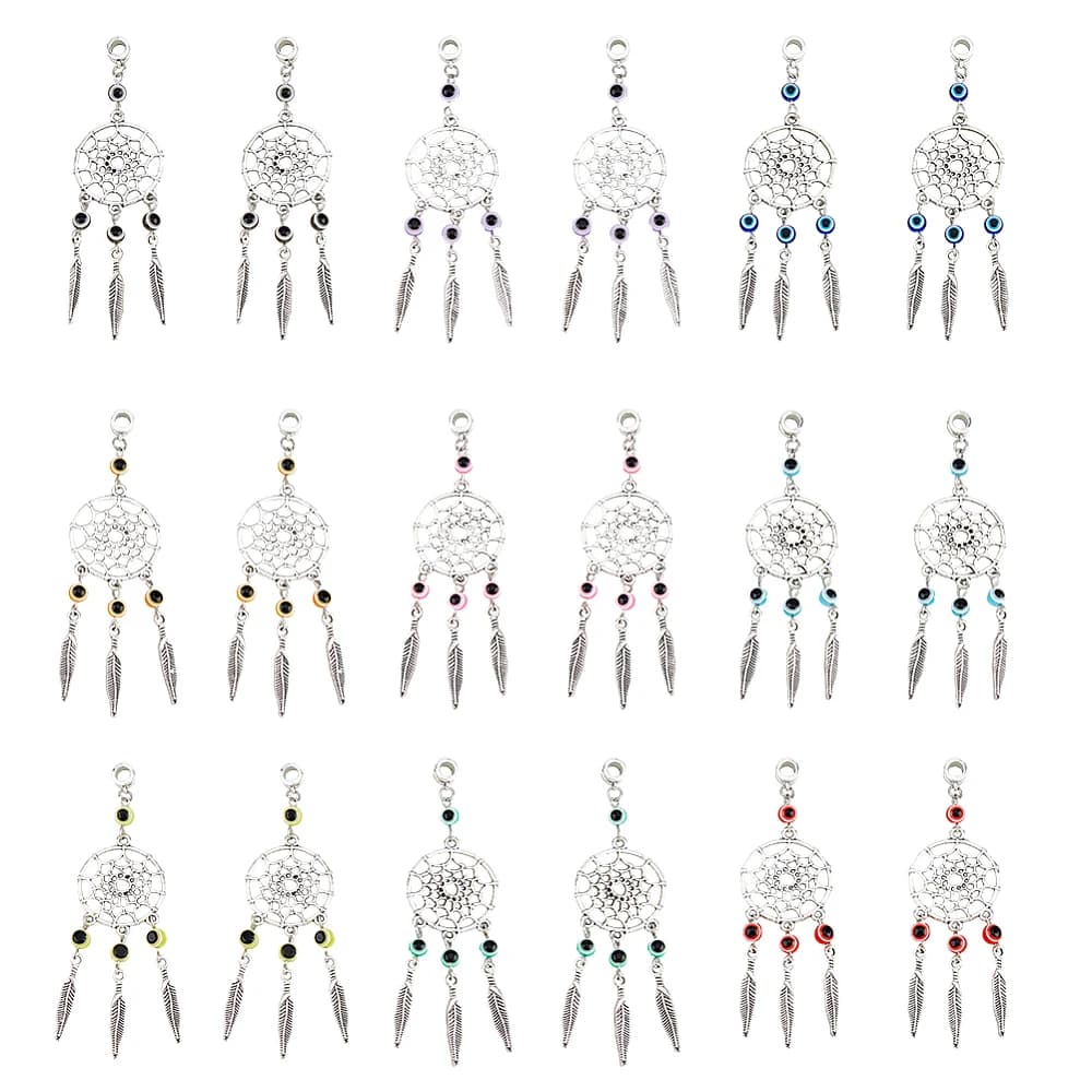 36Pcs 9 Colors Alloy Dream Catcher Charms European Dangle Charms with Plastic Woven Net with Feather Pendant for DIY Bracelet