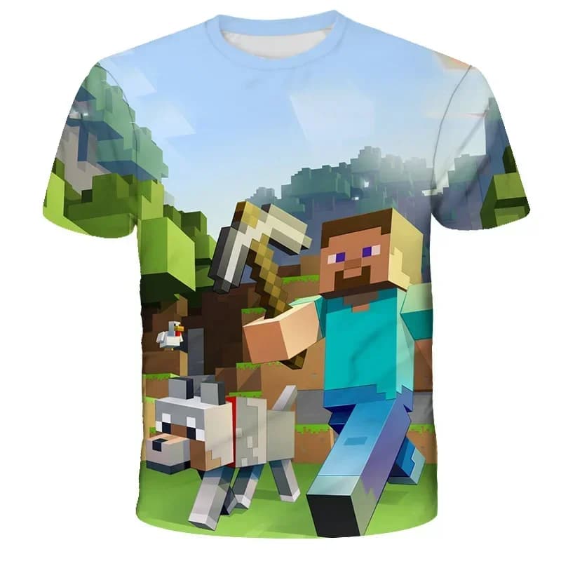 T-shirt Estiva Casual per Bambini con Stampa 3D di Blocchi da Costruzione e Cartoni Animati, Maglietta Minecraft Popolare per Ragazzi e Ragazze