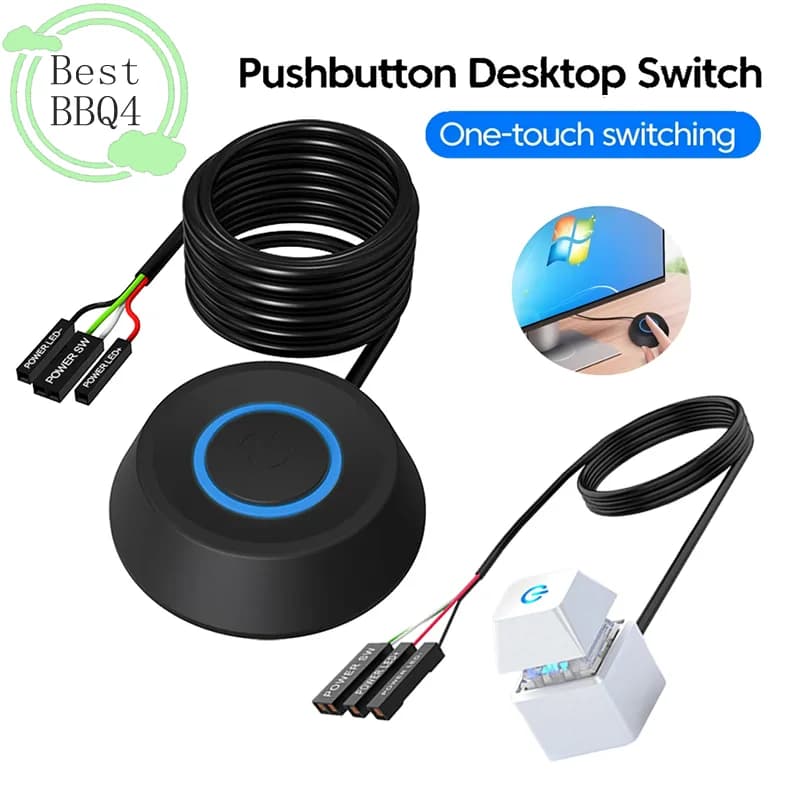 (BBQ4) Interruttore da tavolo per computer con luci LED da 2m, cavo di prolunga esterno per accensione/spegnimento scheda madre PC per casa e ufficio