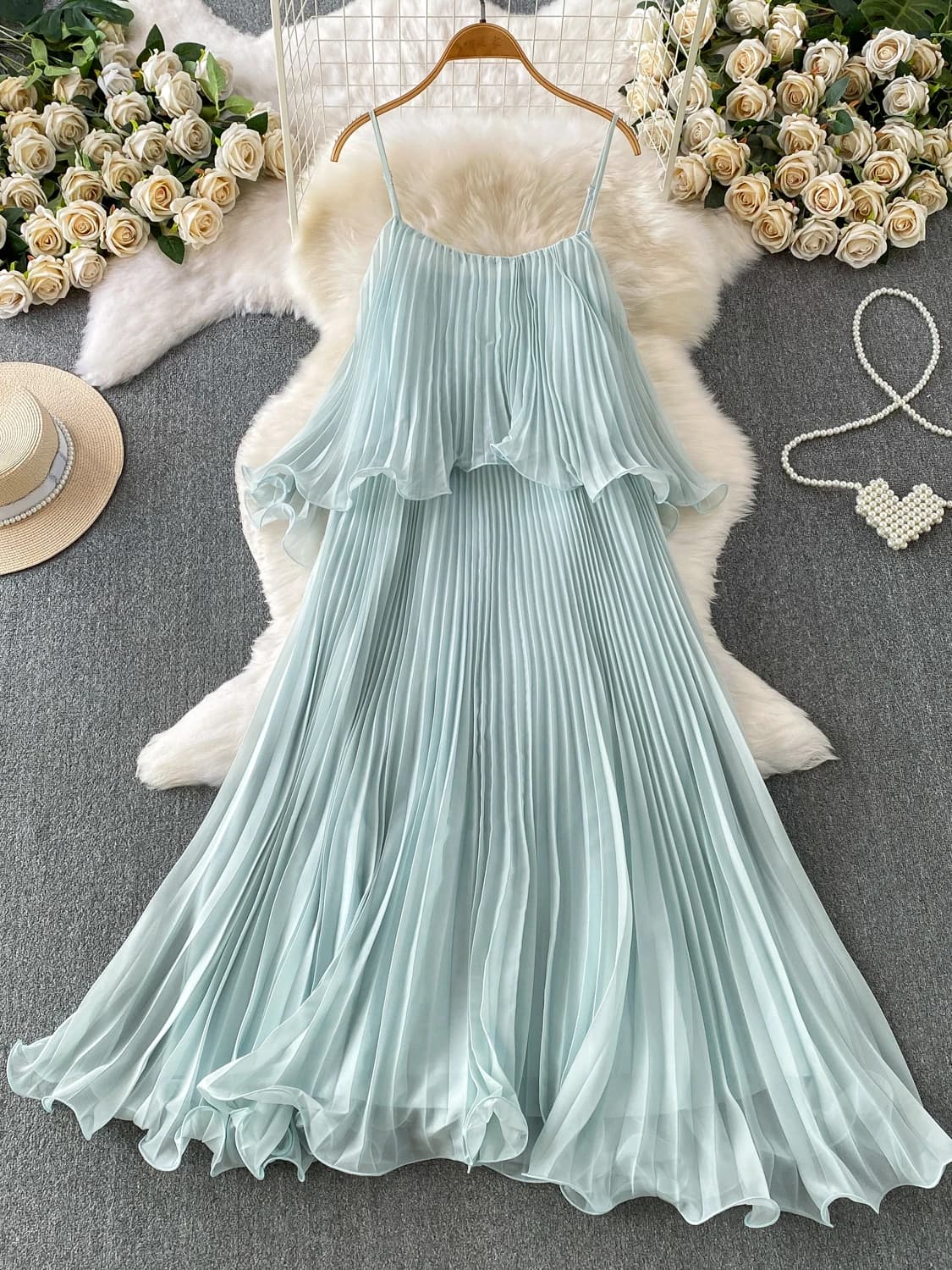 Summer Vacation Style Light Blue Halter Dress Women's Elegant Luxury Gauze Fairy Long Skirt High Waist A-Line Gown No Sleeve