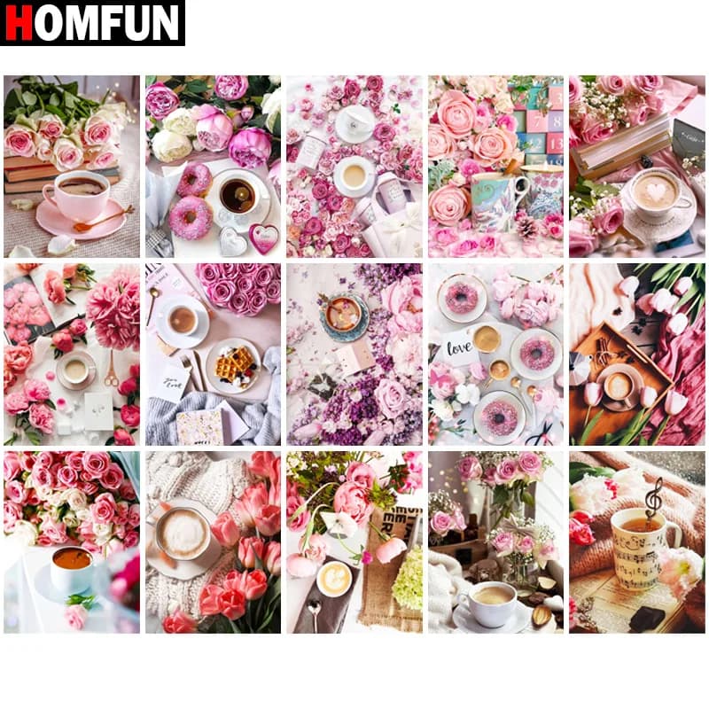 HOMFUN Diamond Embroidery "Scenery Flower Coffee" Pattern DIY 5D Diamond Painting Needlework Cross Stitch Full Drill Painting