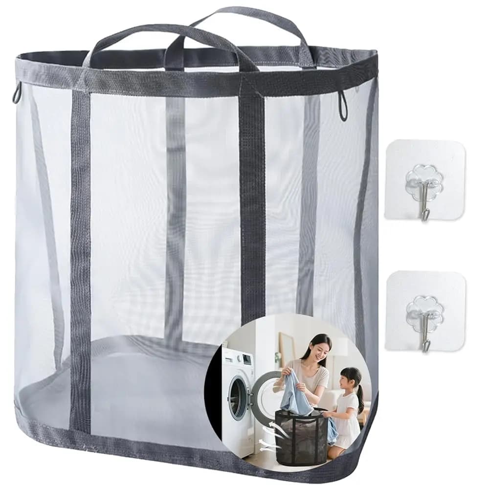 Cesto per biancheria pieghevole, borsa in rete con manici, sacca per biancheria pieghevole, borsa da spiaggia traspirante, borse salvaspazio