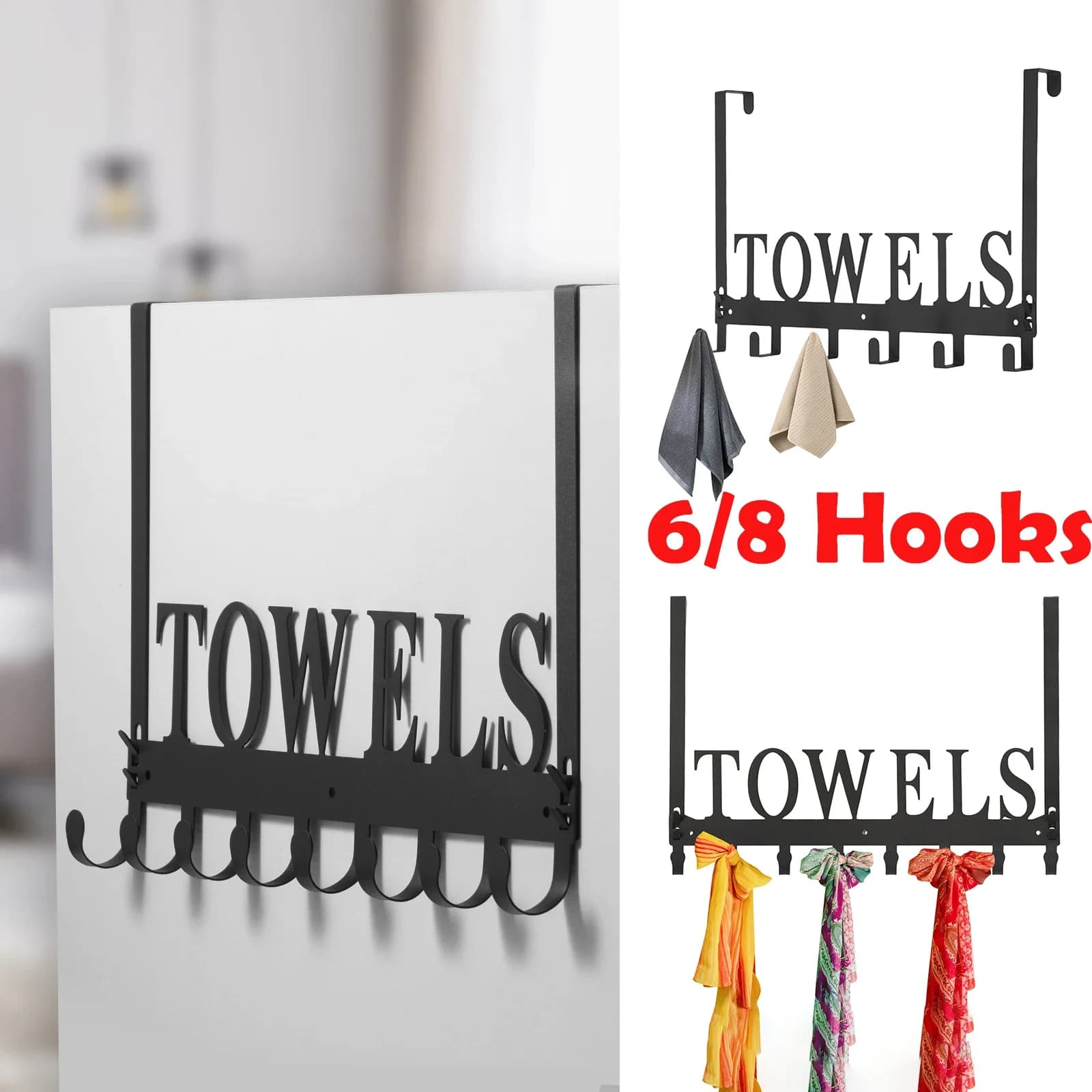 Door hanger without drilling iron with 6/8 hooks, holders for home and bathroom, NEW