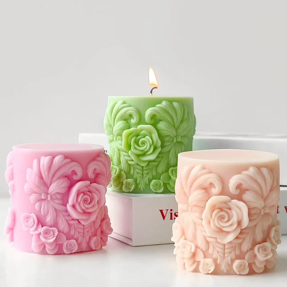Stampi in silicone rosa in rilievo per candela profumata, cilindro di fiori, sapone, stampi in gesso per San Valentino, colonna di foglie a forma di cuore, decorazioni per matrimoni