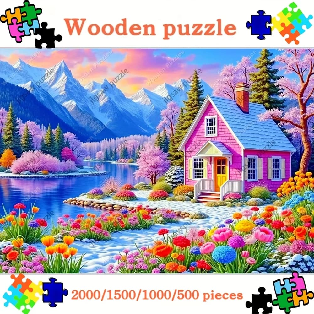 Puzzle in legno da 2000/1500/1000/500 pezzi per adulti - Scena floreale vibrante di montagna del lago della casa rosa, Challengin in legno di alta qualità