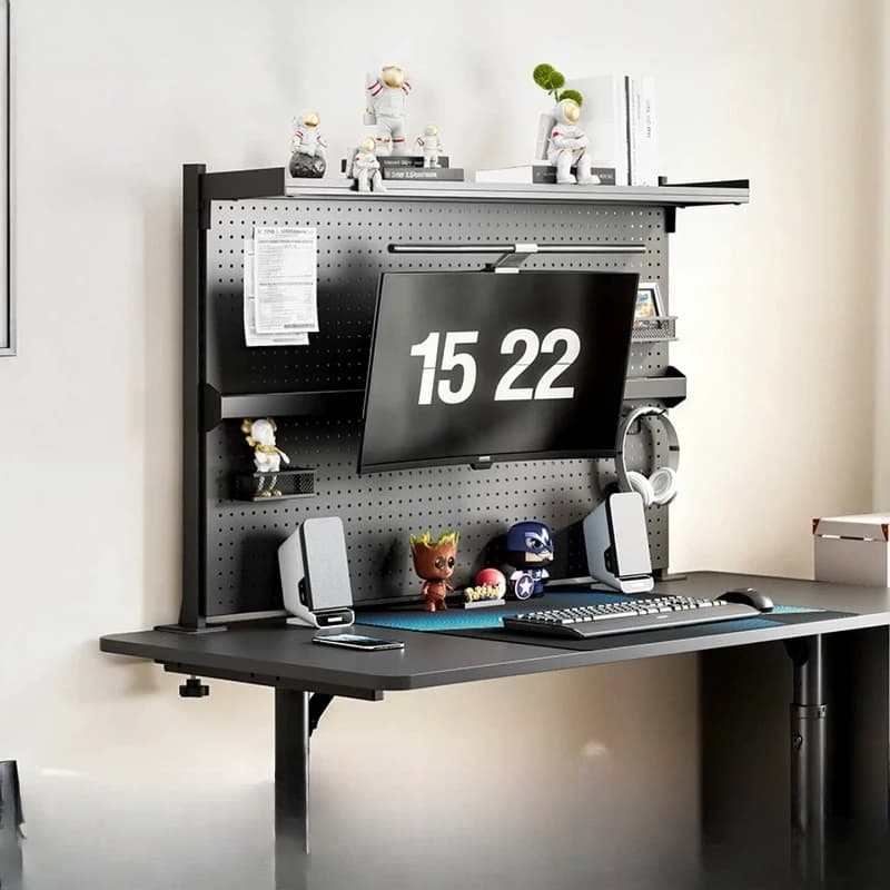 Supporto per monitor da tavolo multifunzionale con ripiano integrato, pannello perforato a clip, rialzato, senza fori, per tavolo da gaming