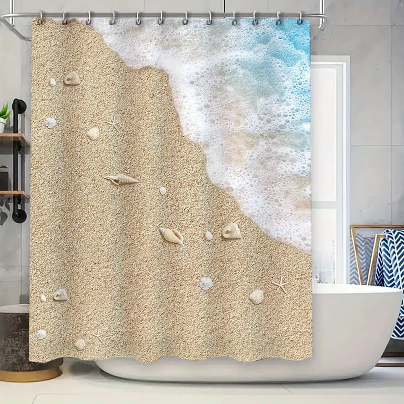 Tenda da doccia ispirata alla spiaggia con design in schiuma di mare, perfetta per l'arredamento del bagno costiero