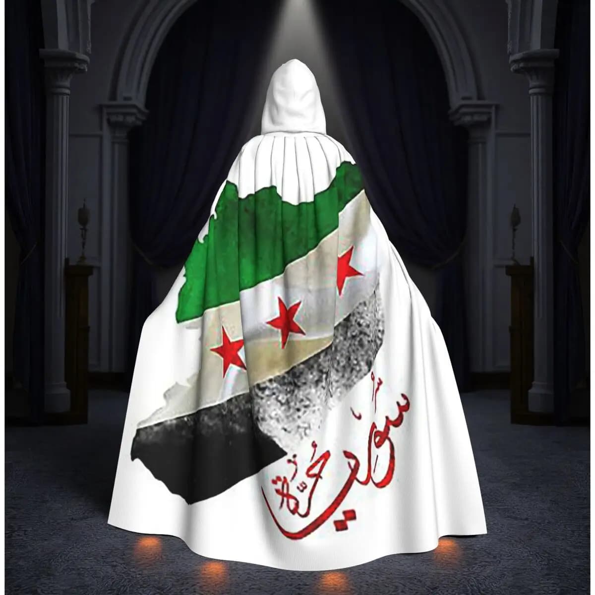 Syria Revolution Flag Map Syrian Independence Calligraphy Long Hooded Cloak Witch Medieval Costume Cosplay Cape HalloweenParty