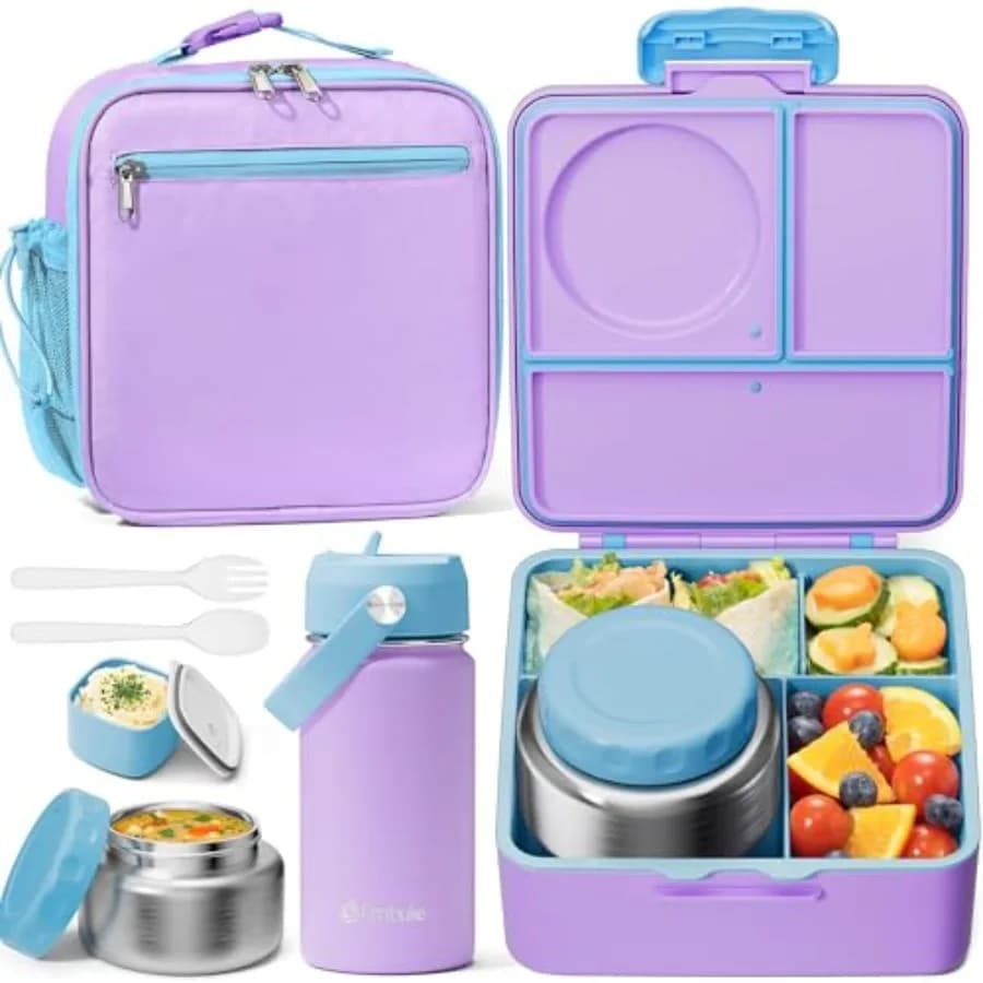 Porta Pranzo Bento con Contenitore Termico Antiperdita per Bambini, Borsa Termica e Borraccia da 250 ml, 3 o 4 Scomparti