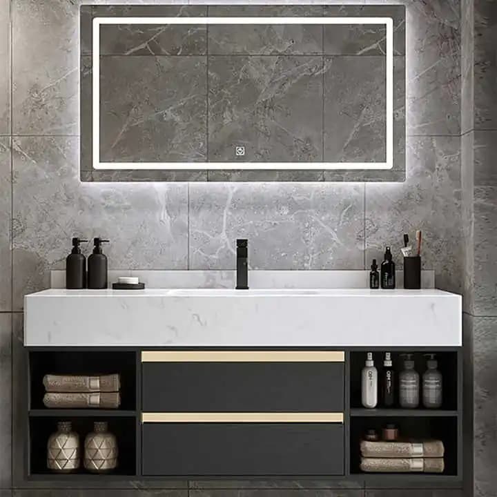 Mobile da Bagno Moderno in Stile Europeo di Alta Gamma in Legno Massello Ecologico con Specchio LED a Parete e Spazio di Archiviazione per Hotel e Ville