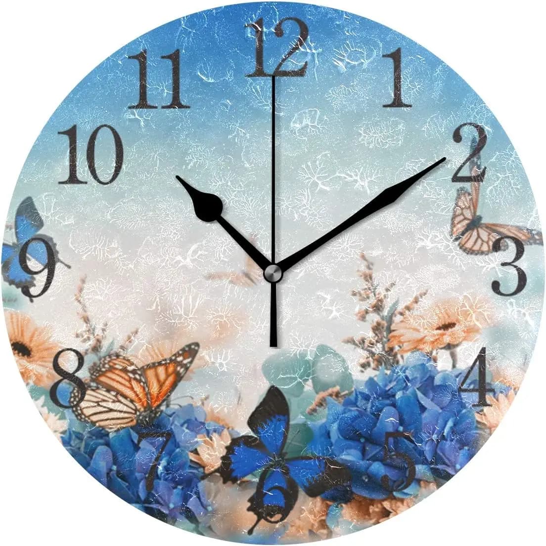 Wall clock butterfly Clock Decorative Haning with blue flowers Quiet round watch without ticking for living room, kitchen, bedroom