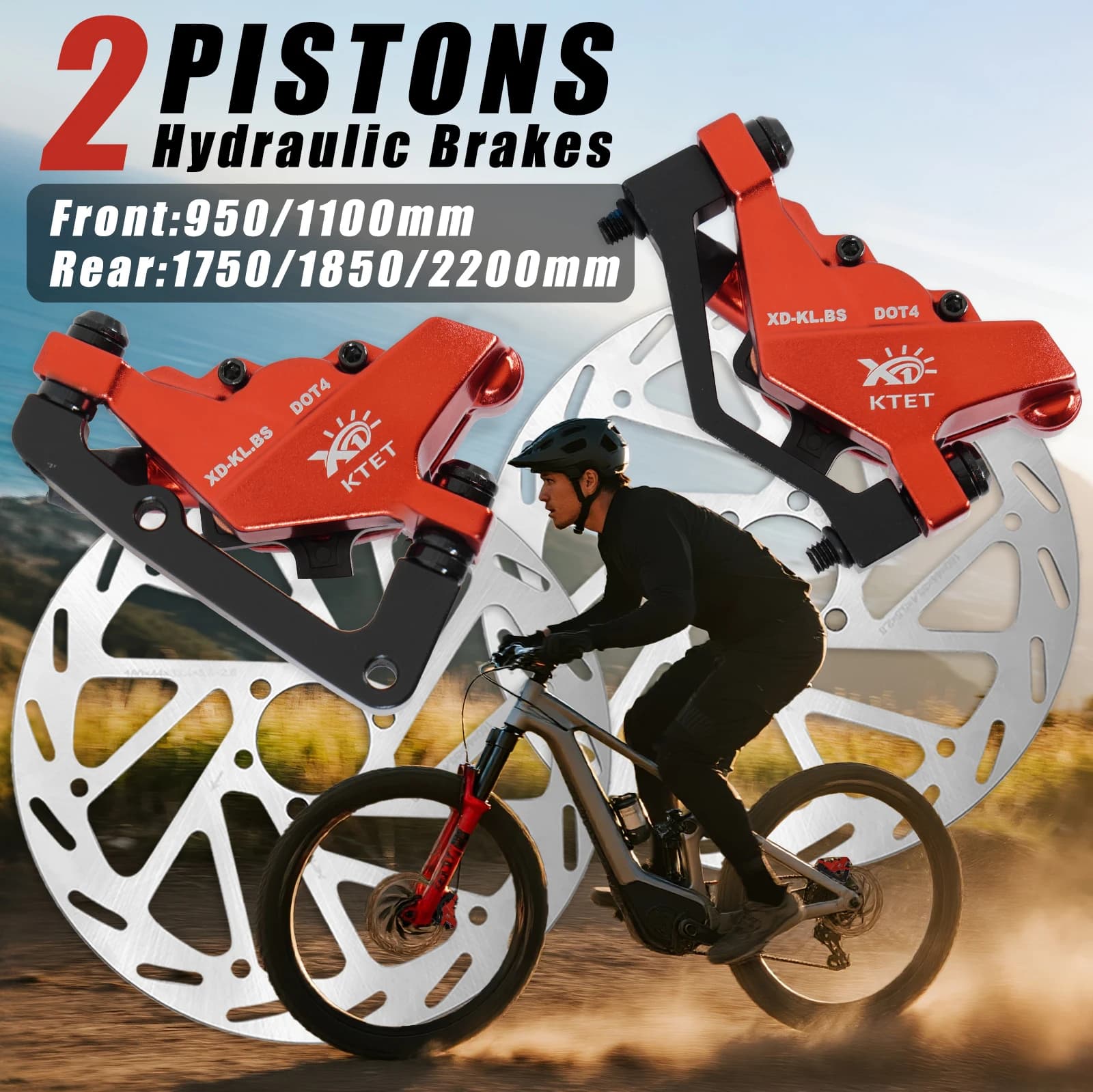 Kit Freno a Disco Idraulico Rosso a 2 Pistoni per E-bike con Leva Freno a Interruzione di Corrente, Freni a Olio a Doppio Disco per Bicicletta