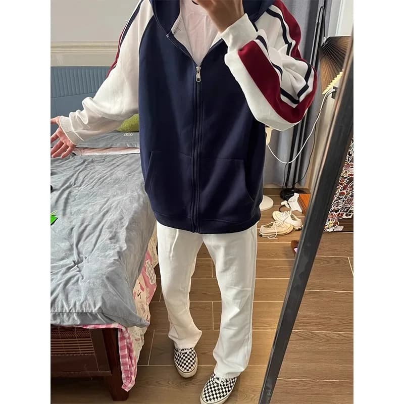 Men's Hiphop Striped Patchwork Hoodie Casual Streetwear Spring Autumn Heavyweight Couple's Jacket Loose Fit Anti-Wrinkle