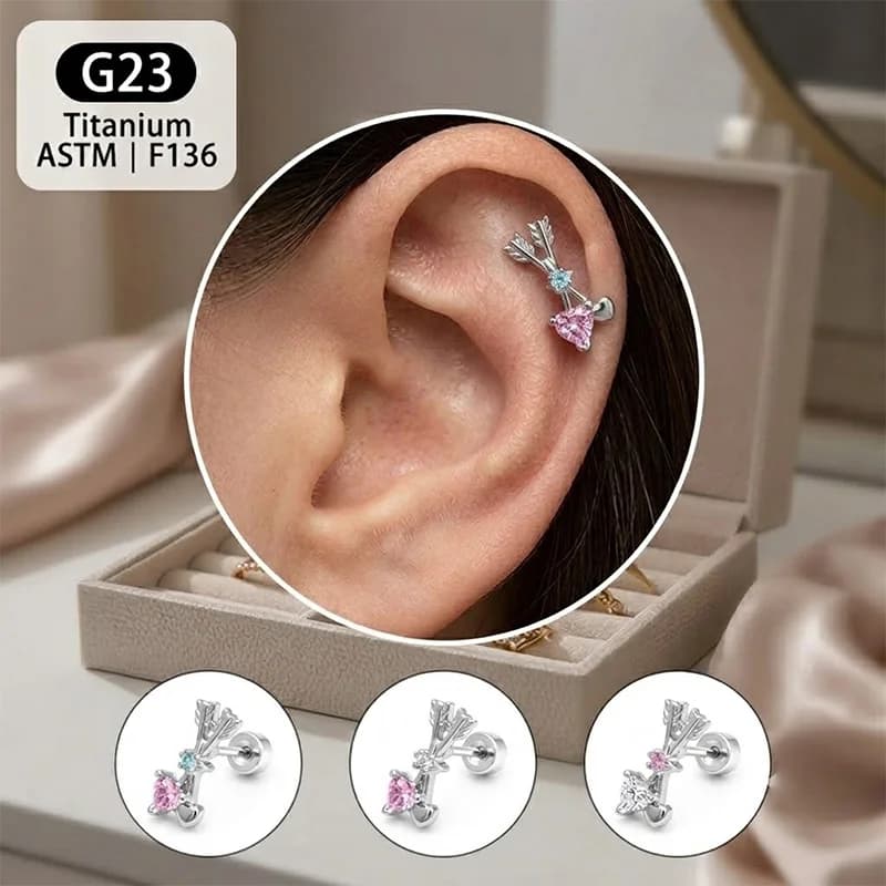 G23 Heart Earring Radiant Angel Arrow Heart Design Glossy Stud Women Adult Sophisticated Trendy Artistic Beautiful Gemstone Stud