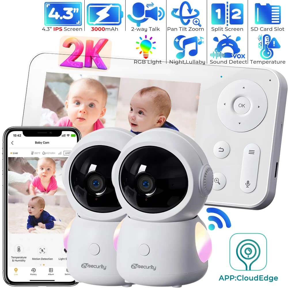 2K HD Wifi Baby Monitor con 2 fotocamere Schermo diviso 3MP Telefono per bambini Schermo IPS da 4,3 pollici e controllo dell'APP Monitoraggio automatico PTZ Videocamera per bambini Visione notturna, rilevamento di movi