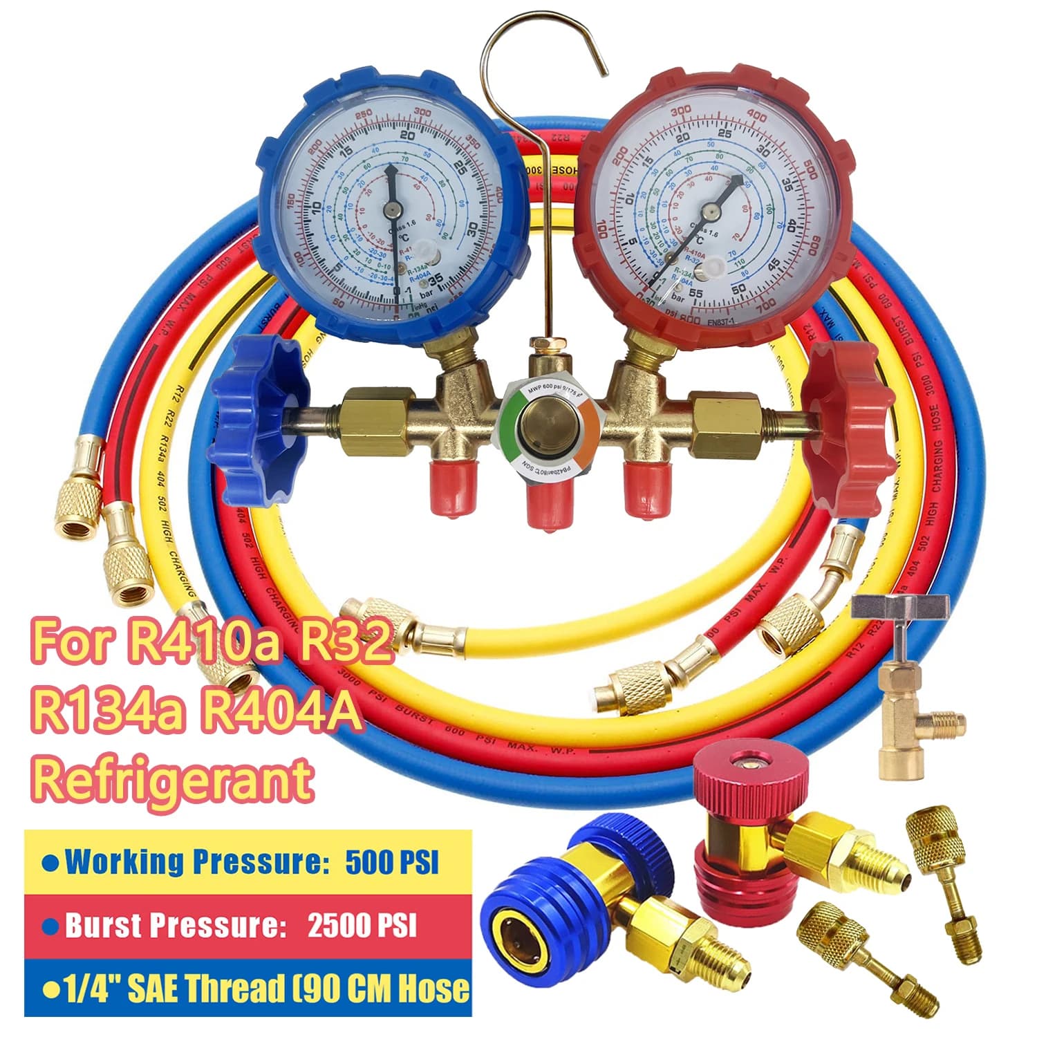 Set di manometri collettore refrigerante Strumento diagnostico per aria condizionata Tubo flessibile a gancio per R410A R32 R404A R134A Ricarica del refrigerante