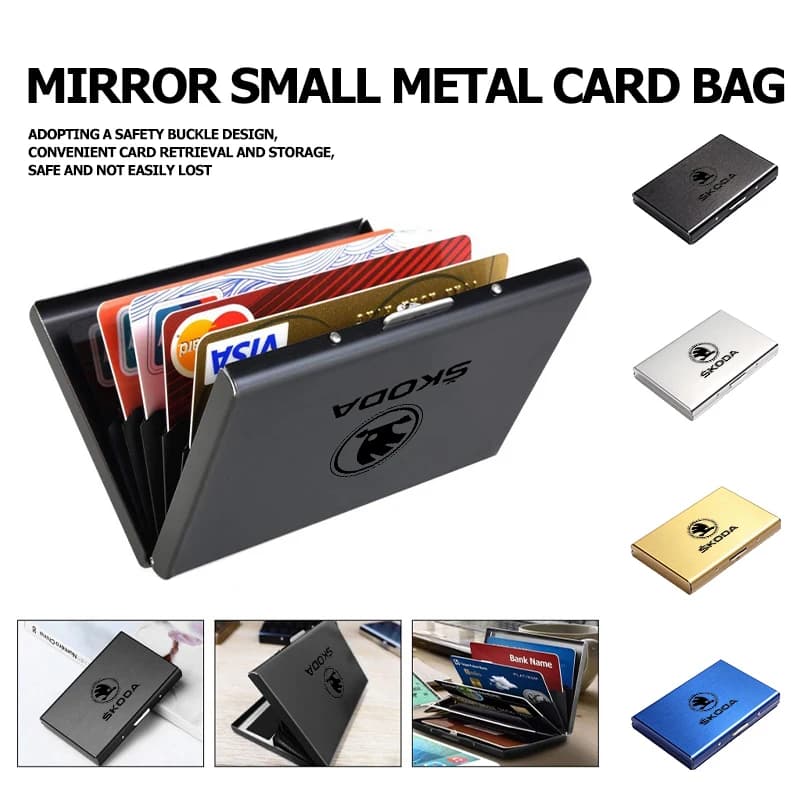 For Skoda Car Metal Thin Slim Credit Card Holder RFID Blocking Wallet Case Kamiq MK3 Roomster Rapid Kodiaq Karoq Fabia Enyaq