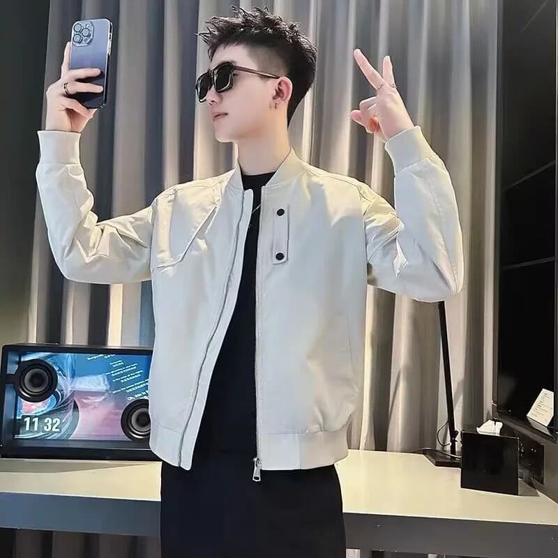 Slim Fit Men's Jacket Stand Collar Spring Autumn Fashionable Versatile Outerwear Long Sleeve Youthful Style Regular Length