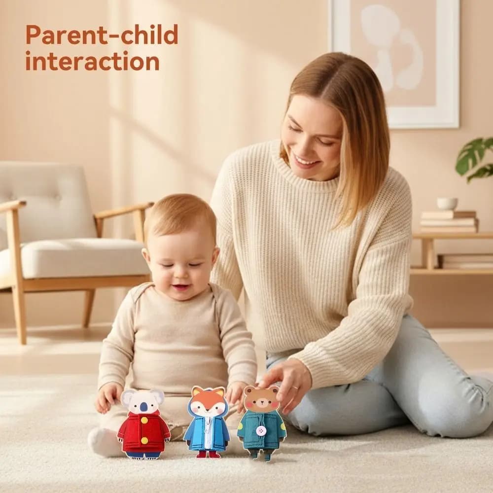 Giocattolo Montessori per Bambini con Vestiti, Bottoni e Cerniere, Tavola delle Attività con Animali, Gioco Educativo per Coordinazione Occhio-Mano e Apprendimento Cognitivo