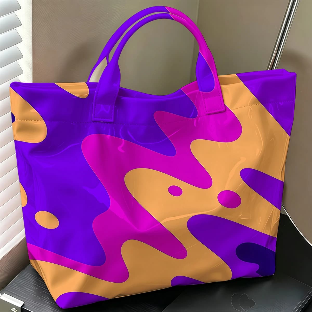 Color Drip Fashion Large Glossy PVC Tote Bag Hand Washable Waterproof Perfect Travel Commute Cosmetic Storage Shopper