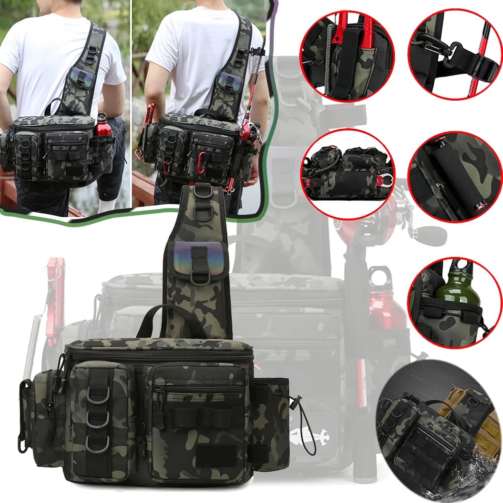 Tactical fishing bag Fishing equipment box Organizer Shoulder pack Design bag with reflective strip for camping excursions