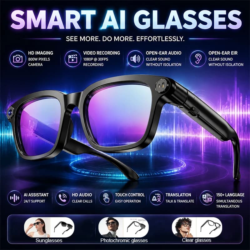 New Smart Glasses 800 Pixel Camera 1080P Video Recording AI Assistant 100+Language Translation HD Call Touch Control Sunglasses