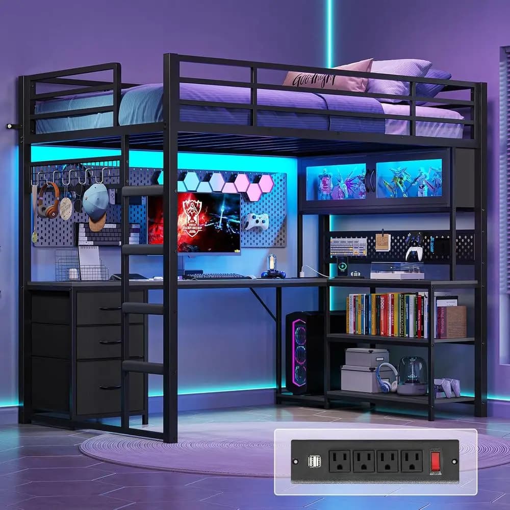 Letto a soppalco in metallo a una piazza e mezza con scrivania da gaming a L, cassetti portaoggetti e illuminazione RGB per adolescenti