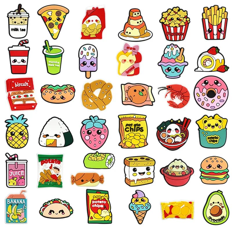 1/37Pcs Cute Cartoon Food Snack PVC Shoe Charms Milk Tea Burger Sushi Decor For Slides Sandals Clog Shoes DIY Accessories Food