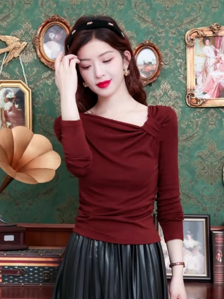 Maglietta a maniche lunghe color vino rosso da donna, top primaverile di alta moda, unico ed elegante, con spalle scoperte, slim fit