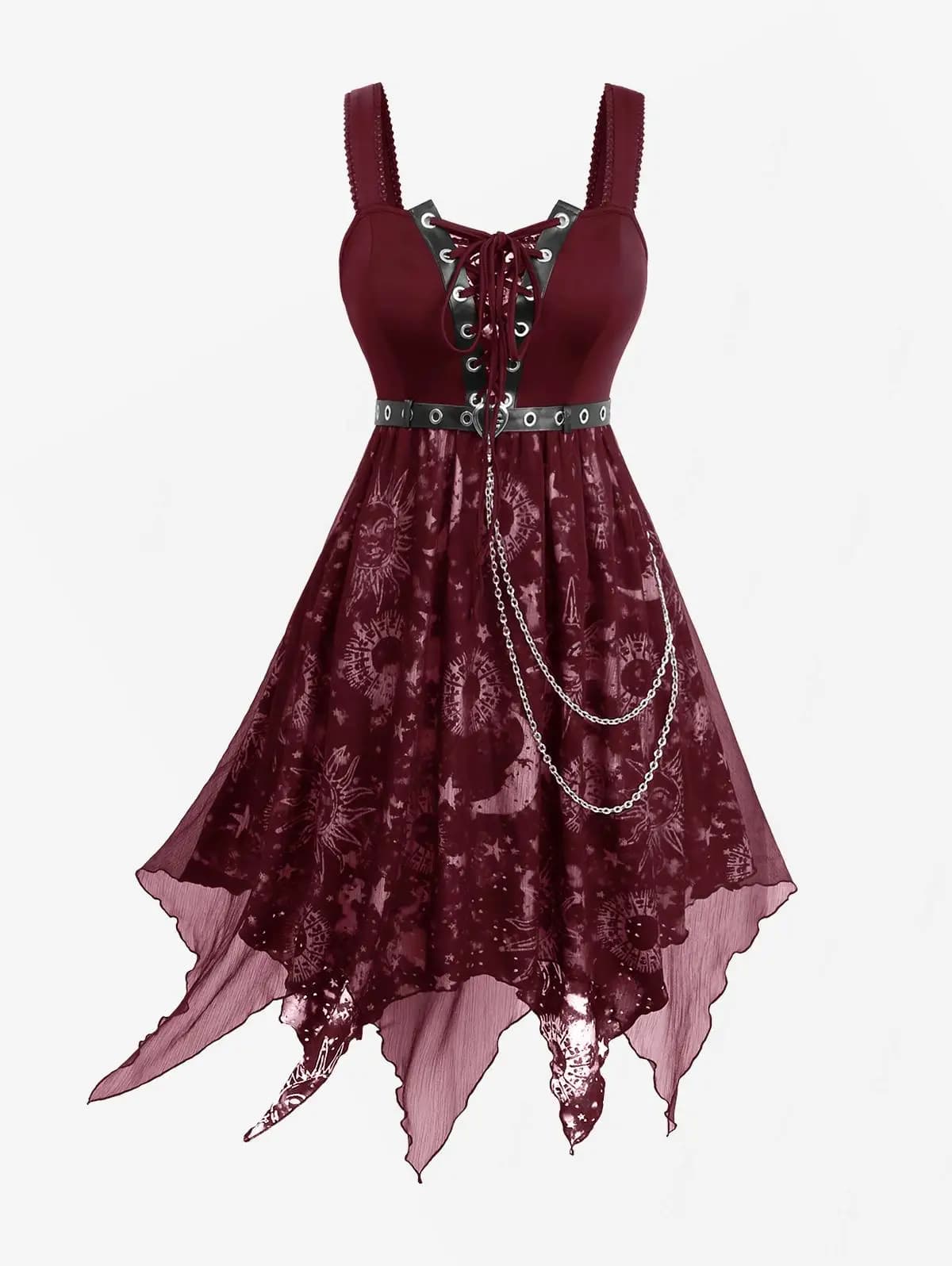 ROSEGAL Plus Size Sun Moon Star Abiti gotici Abiti da donna Abito longuette senza maniche con occhiello con lacci con cintura e catena