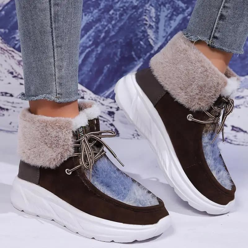 Stivali da neve stringati in pelliccia sintetica moda donna 2025 inverno fondo spesso zeppa scarpe da trekking in cotone stivaletti corti in peluche caldi