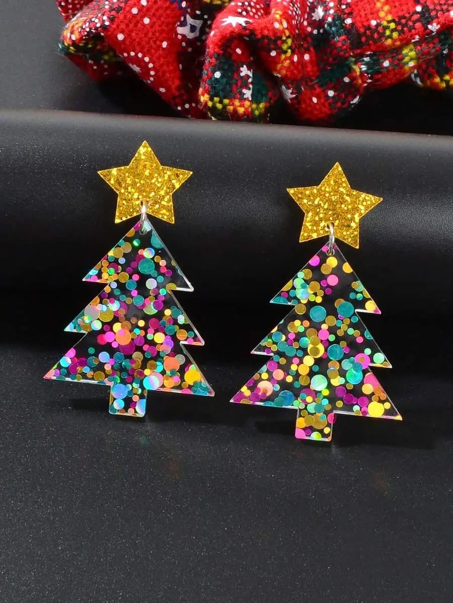 1 pair sparkling colorful sequin star Christmas tree dangle earrings for festive celebration