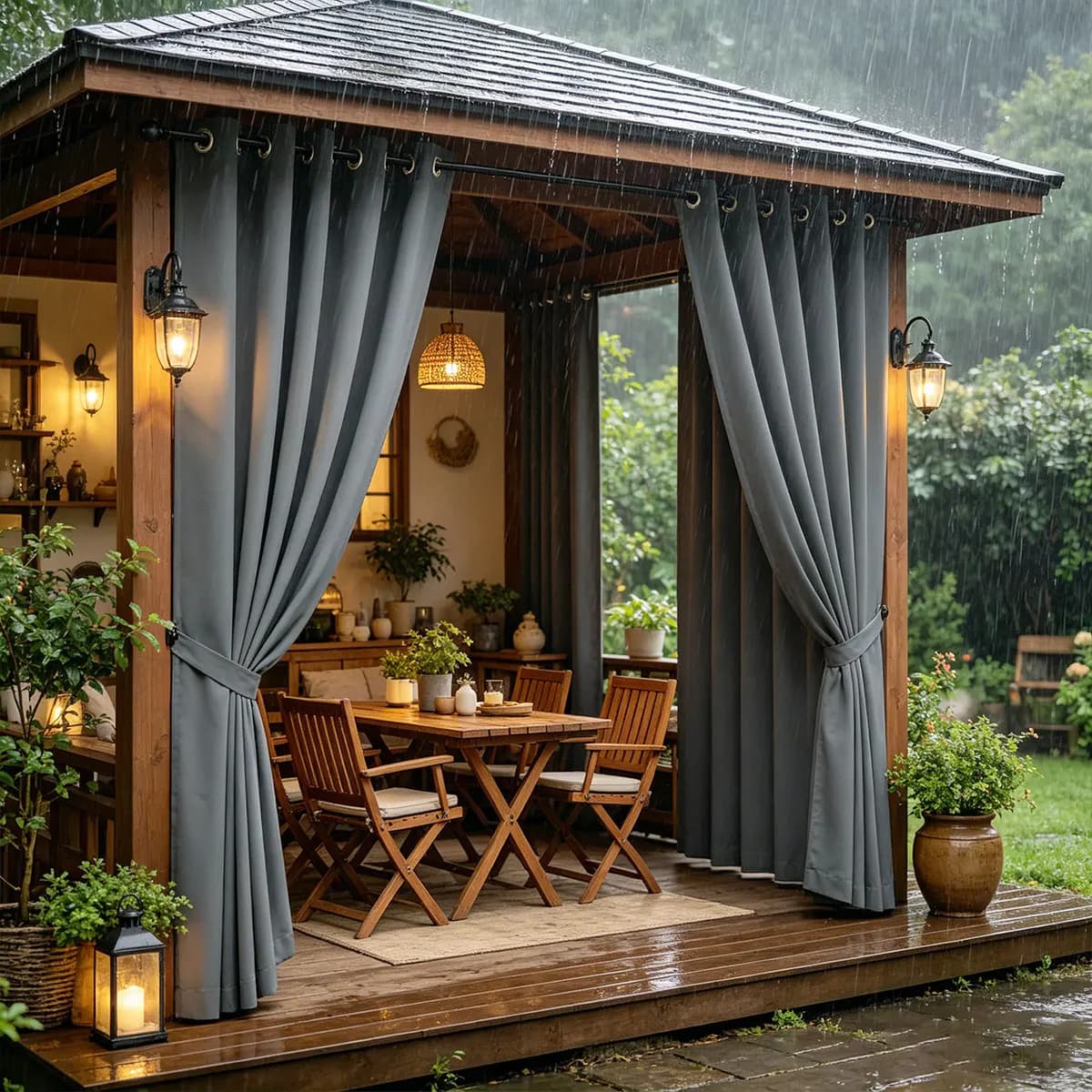 Dark Grey Waterproof Outdoor Curtains 2 Panels, Grommet Top High Density Light Blocking Privacy Pergola Patio Gazebo Drapes