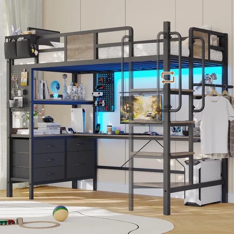 Letto a soppalco Dnxao con scrivania e 5 cassetti portaoggetti, letto a soppalco singolo con luci LED e stazione di ricarica