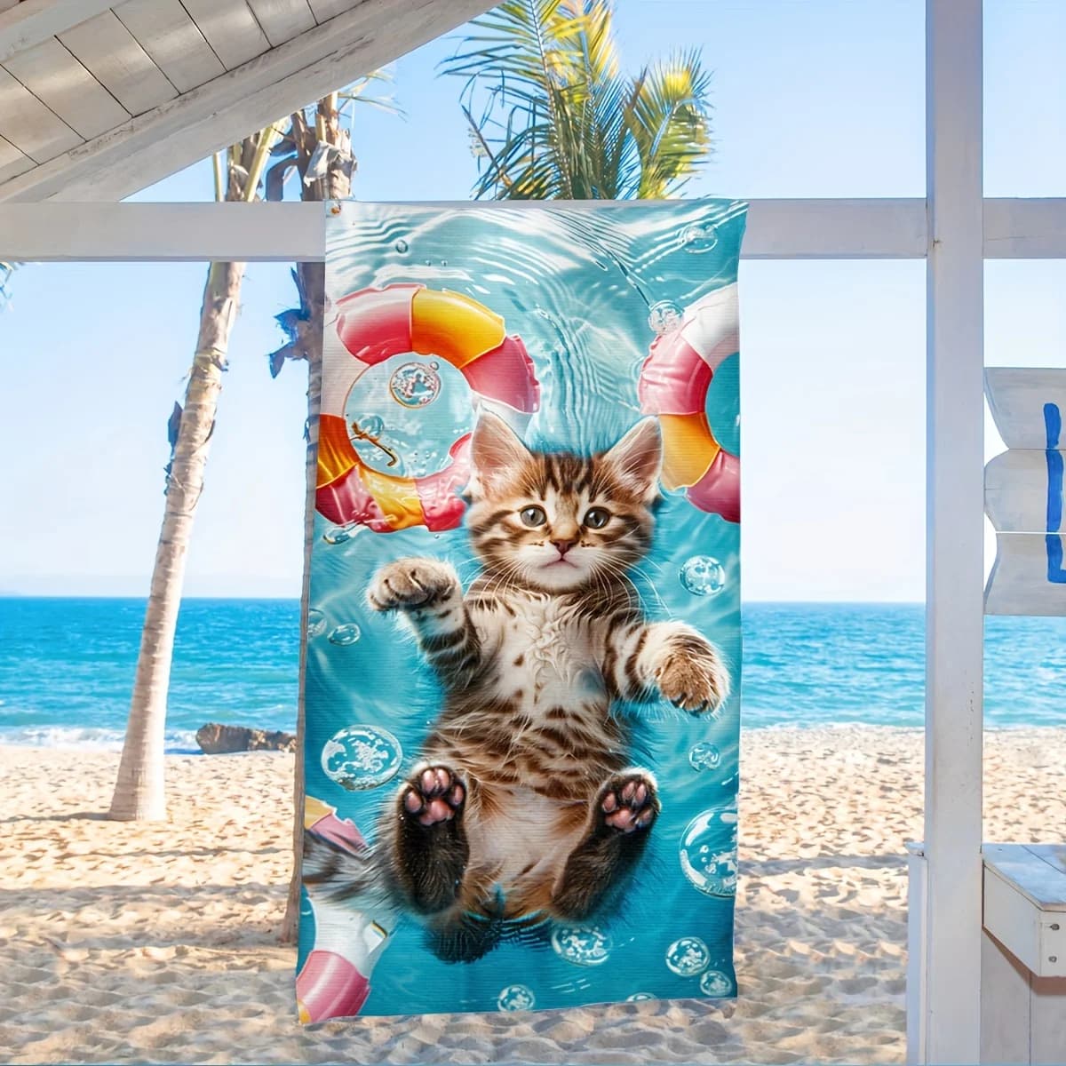 Asciugamano da Spiaggia con Gattino Carino, Asciugatura Rapida, in Microfibra, Anti-Sabbia, Assorbente, Leggero, Lavabile, per Bambini, Piscina, Viaggi, Vacanze Estive