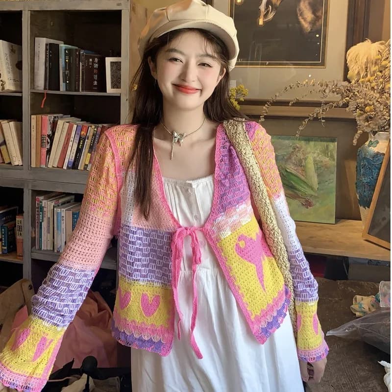 Sweet Style Women's Knitted Open Cardigan Hollow Hook Flower Design Summer Sun Protection Loose Fit Knot