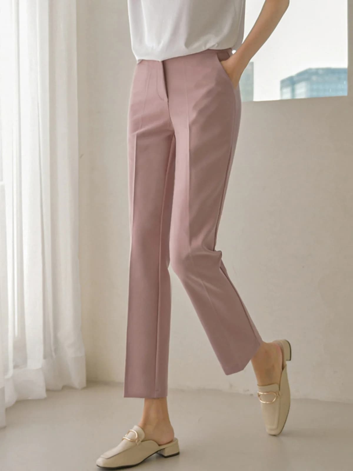 Pantaloncini Estivi Rosa a Gamba Dritta, Vita Alta, Stile Coreano, Tinta Unita, per Donna