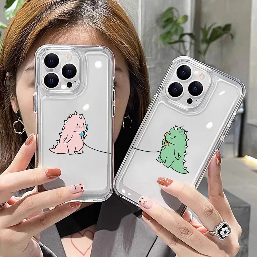 Cute Dinosaur Couple Silicone Phone Case For iPhone 17 16 Pro 11 15 14 12 13 Pro Max 7 8 Plus Shockproof Transparent Cases Funda