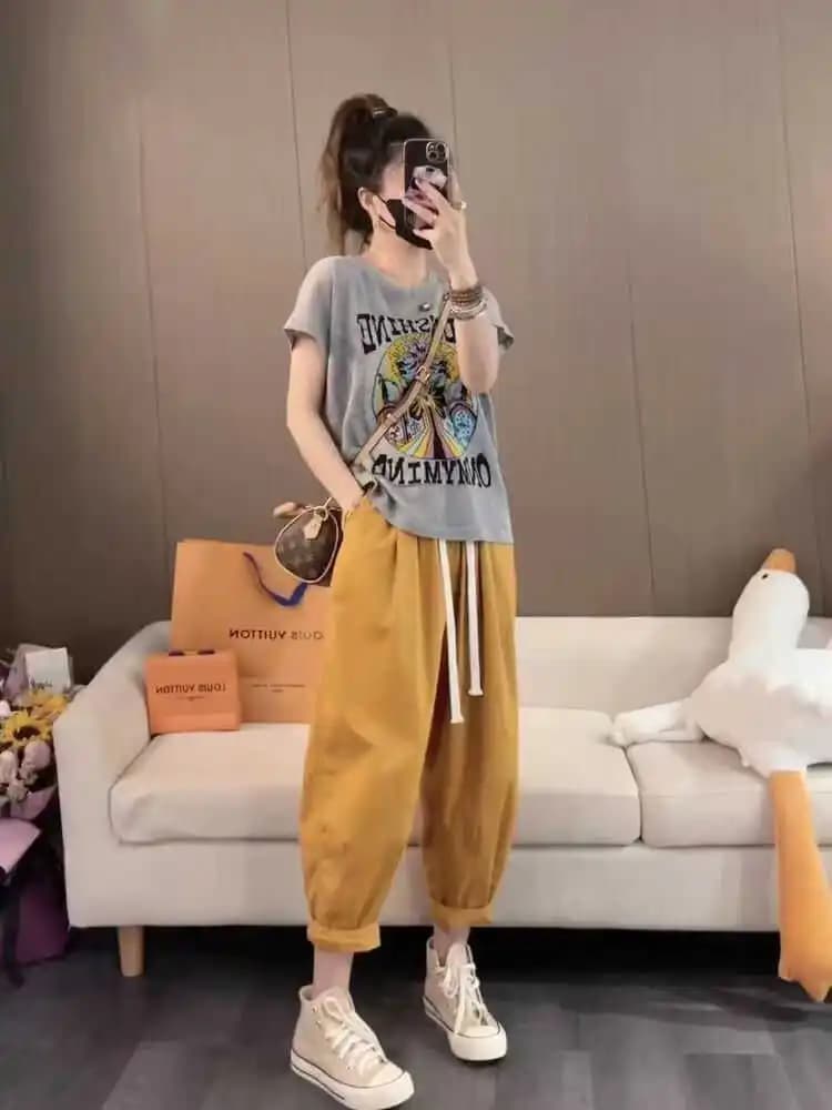 plus Size Women's Summer Casual Fashion Sportswear Set Loose Meat Concealing Short Sleeve Harlan Pants Two Piece Set