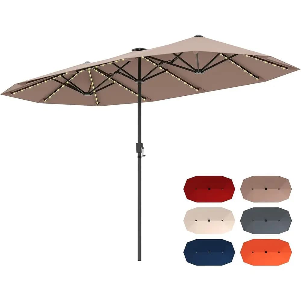 Ombrellone da Patio Grande 13T con Luci LED, Manovella, 12 Stecche Rinforzate, Ombrellone da Esterno a Doppia Faccia per Tavolo, Modello Circolare