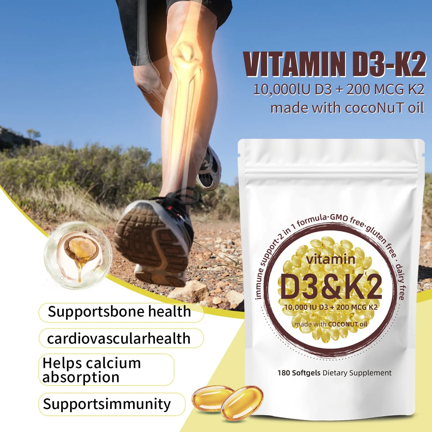 Vitamin D3 K2, vitamin D3 10000IU, K2 (MK-7) 200 mcg, vitamin D3 supplement and K2 2 in 1 - 180 soft capsules