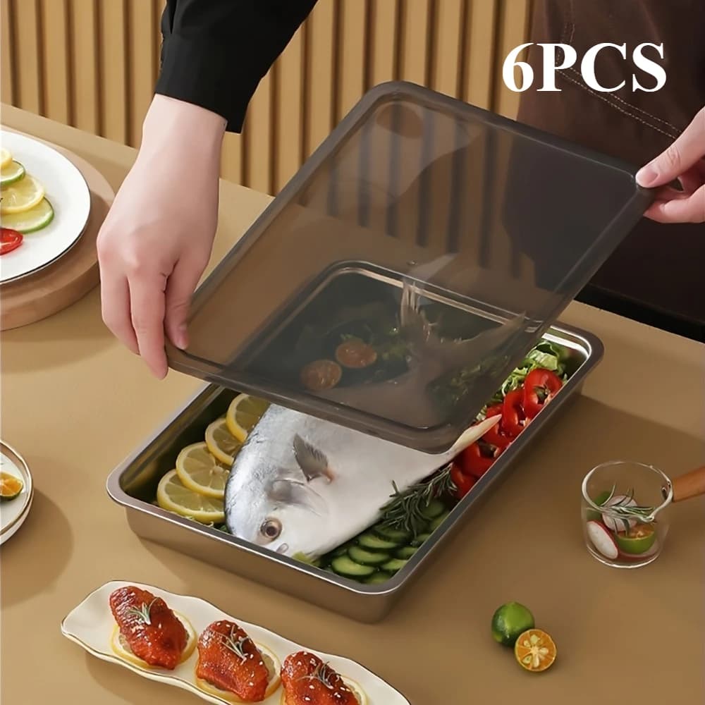 Set di 6 Contenitori per Alimenti in Acciaio Inox con Coperchi Neri, Accessori da Cucina, Porta Coltelli, per Preparazione Cibi e Conservazione in Freezer